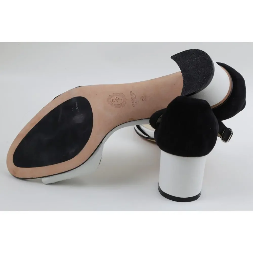 SARAH FLINT Handmade Black White Suede Leather Block Ankle Strap Sandals Size 39 - Picture 15 of 16
